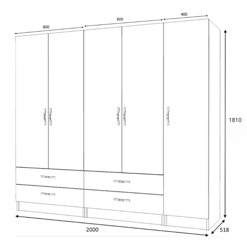 Ντουλάπα ρούχων Ricardo πεντάφυλλη χρώμα φυσικό οξιάς 200x51,8x181εκ.