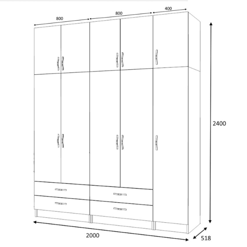 Ντουλάπα ρούχων Ricardo πεντάφυλλη με πατάρι και συρτάρια χρώμα καρυδί 200x51,8x240εκ.