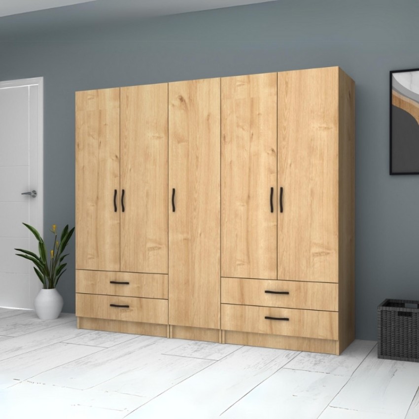 Ντουλάπα ρούχων Ricardo πεντάφυλλη χρώμα φυσικό οξιάς 200x51,8x181εκ.