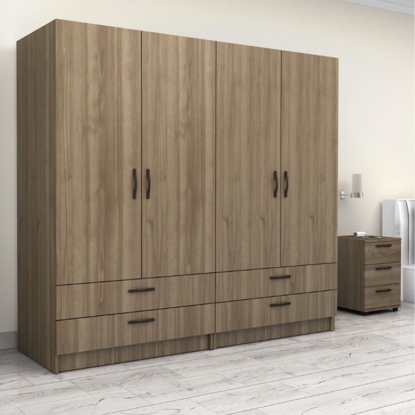 Ντουλάπα ρούχων Victoria τετράφυλλη με συρτάρια χρώμα καρυδί 200x60x181εκ.