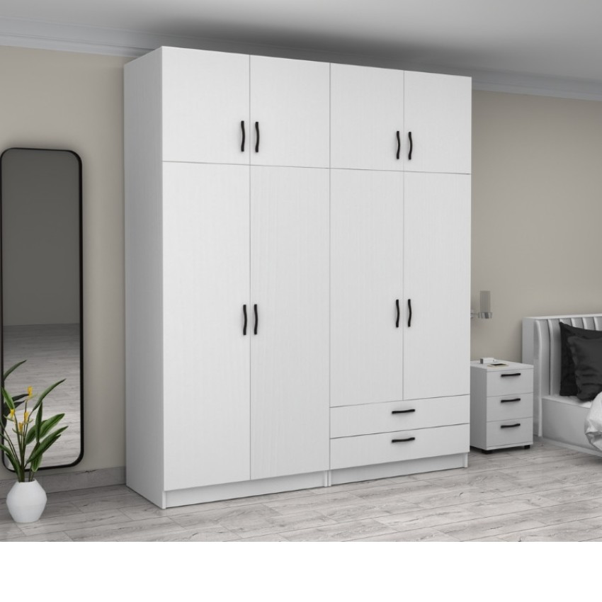 Ντουλάπα ρούχων Victoria τετράφυλλη με πατάρι και συρτάρια χρώμα λευκό 200x60x240εκ.