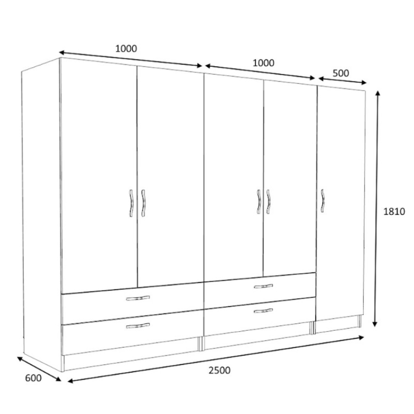 Ντουλάπα ρούχων Victoria πεντάφυλλη με συρτάρια χρώμα φυσικό οξιάς 250x60x181εκ.