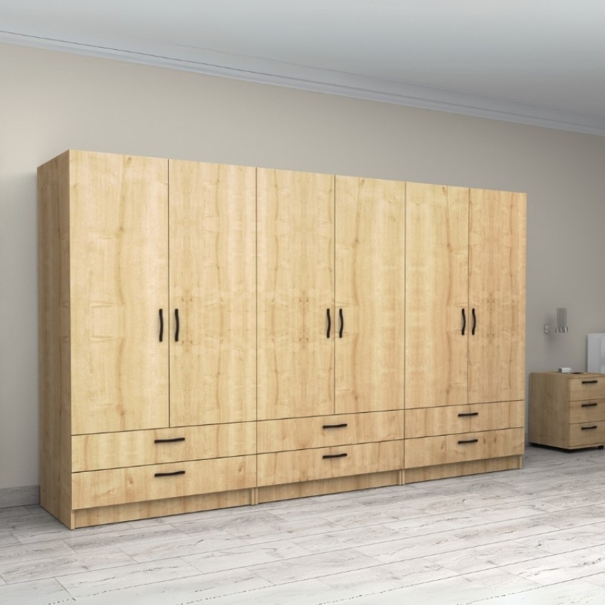 Ντουλάπα ρούχων Victoria εξάφυλλη με συρτάρια χρώμα φυσικό οξιάς 300x60x181εκ.