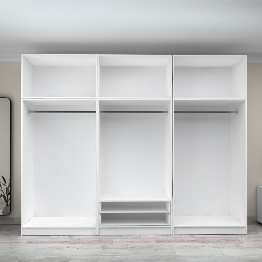 Ντουλάπα ρούχων Victoria εξάφυλλη με πατάρι και συρτάρια χρώμα λευκό 300x60x240εκ.