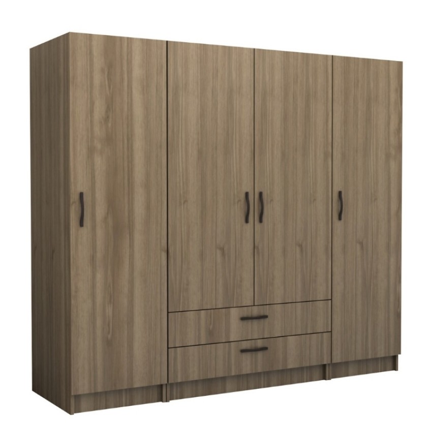 Ντουλάπα ρούχων Victoria τετράφυλλη με συρτάρια χρώμα καρυδί 200x60x181εκ.