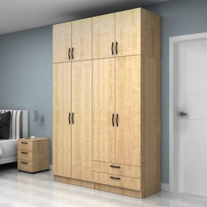 Ντουλάπα ρούχων Vivian τετράφυλλη με πατάρι και συρτάρια χρώμα φυσικό οξιάς 160x51,8x240εκ.