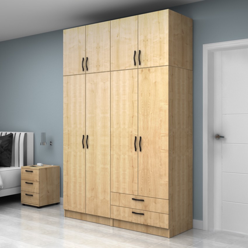 Ντουλάπα ρούχων Vivian τετράφυλλη με πατάρι και συρτάρια χρώμα φυσικό οξιάς 160x51,8x240εκ.