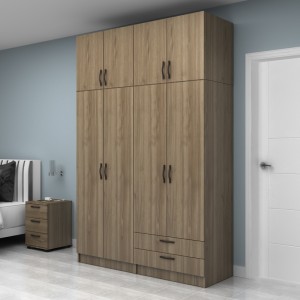 Ντουλάπα ρούχων Vivian τετράφυλλη με πατάρι και συρτάρια χρώμα καρυδί 160x51,8x240εκ.