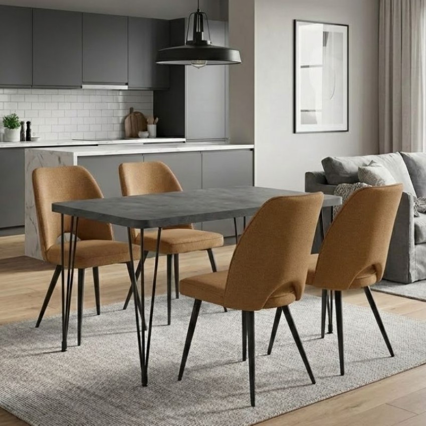 Σετ τραπεζαρία 5τμχ Roger - Christy Mdf - ύφασμα χρώμα σκούρο γκρι σκυροδέματος - μουσταρδί 120x70x75εκ.