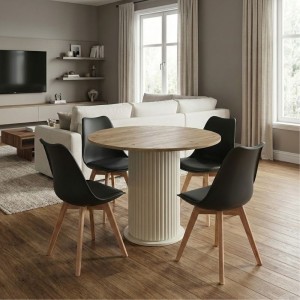 Σετ τραπεζαρία 5τμχ Bohema - Viva χρώμα ivory/sepet oak - μαύρο/φυσικό πόδι Ø90x77,7εκ.