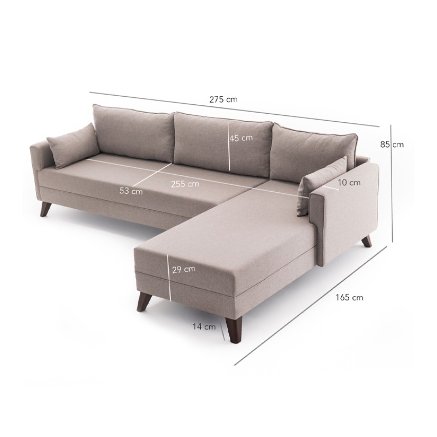 Γωνιακός καναπές Bella δεξιά γωνία υφασμάτινος χρώμα κρεμ 275x165x85εκ.