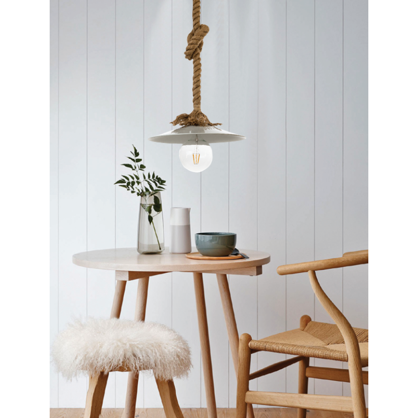 Κρεμαστό φωτιστικό από καφέ σχοινί και λευκό μέταλλο 1XE27 D:36cm (4382-WH)