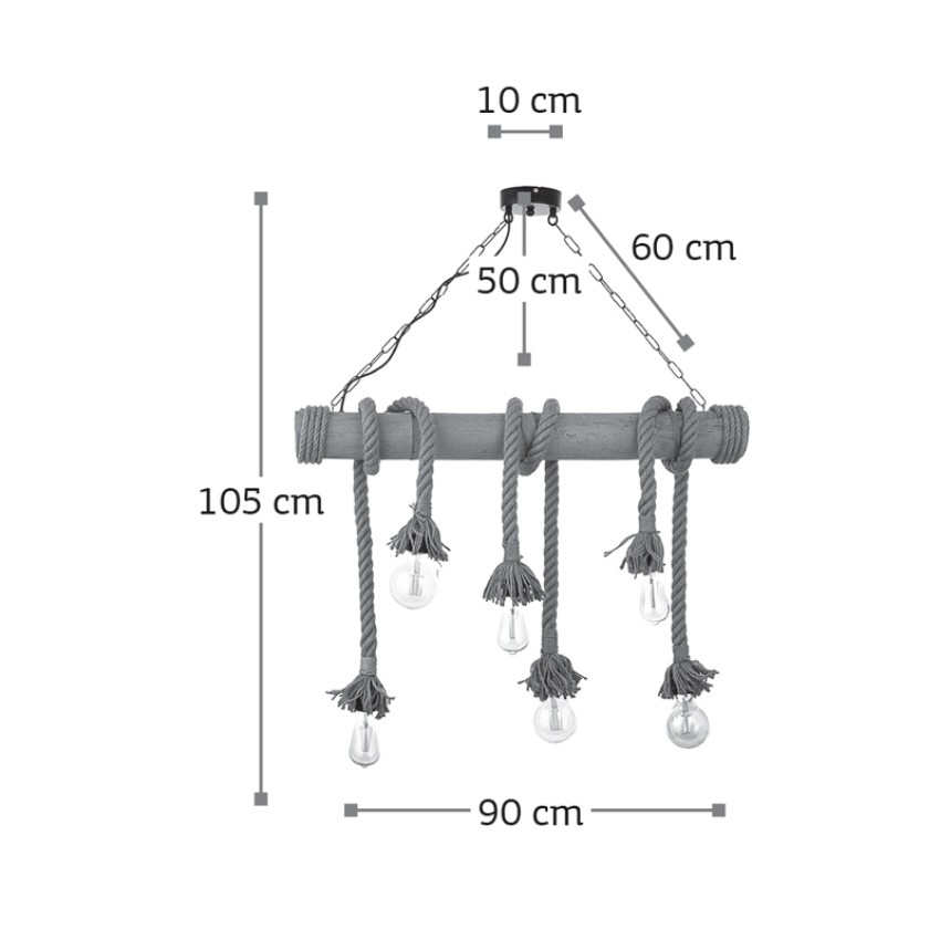 Κρεμαστό φωτιστικό από καφέ σχοινί και μπαμπού 6XE27 D:90cm (5307-6)