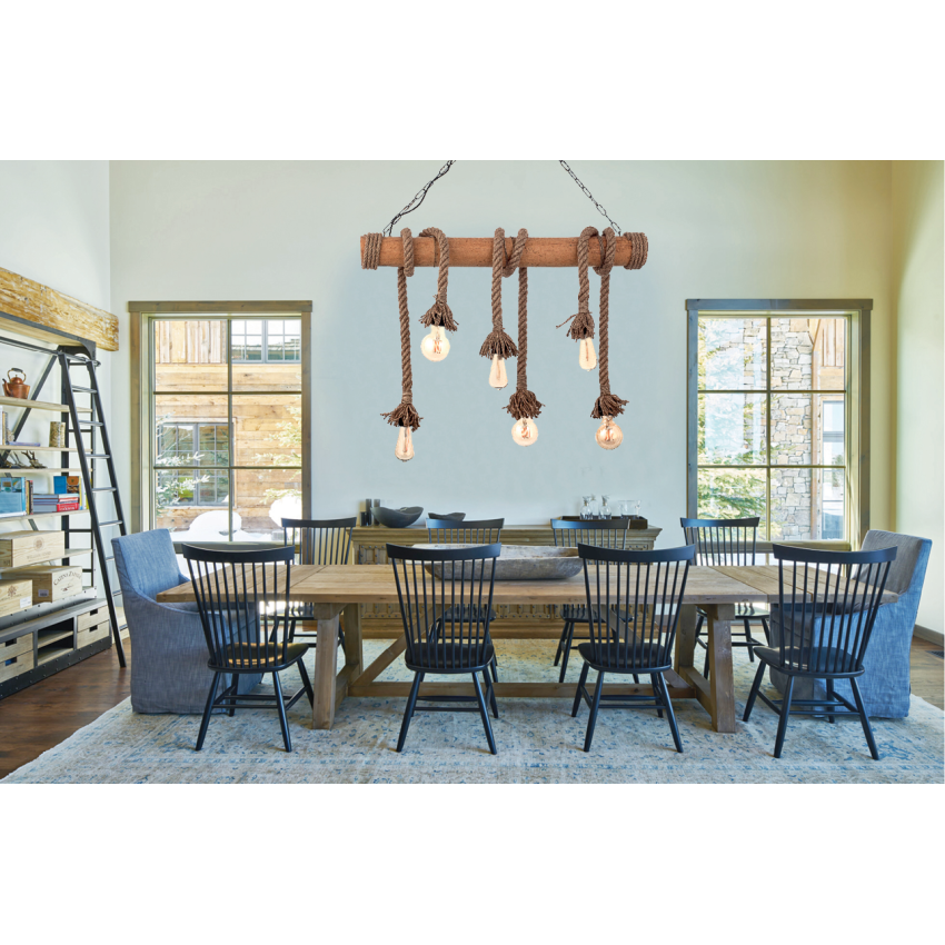 Κρεμαστό φωτιστικό από καφέ σχοινί και μπαμπού 6XE27 D:90cm (5307-6)