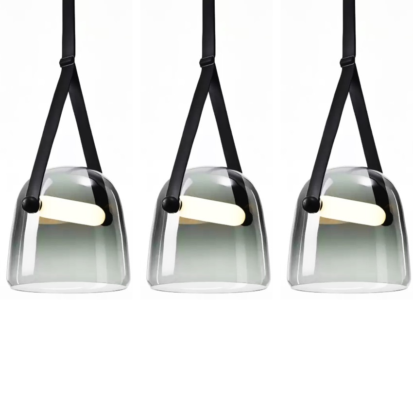 Κρεμαστό Φωτιστικό LERKI 907/3 με 3 Φιμέ Γυάλινες Καμπάνες & Δερμάτινη Κρέμαση