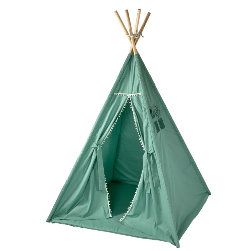 Παιδική Σκηνή - Teepee Tent Green glint.gr Παιδική Σκηνή Teepee Green με Γιρλάντα - Χειροποίητη - Βαμβακερή & Ευρύχωρη