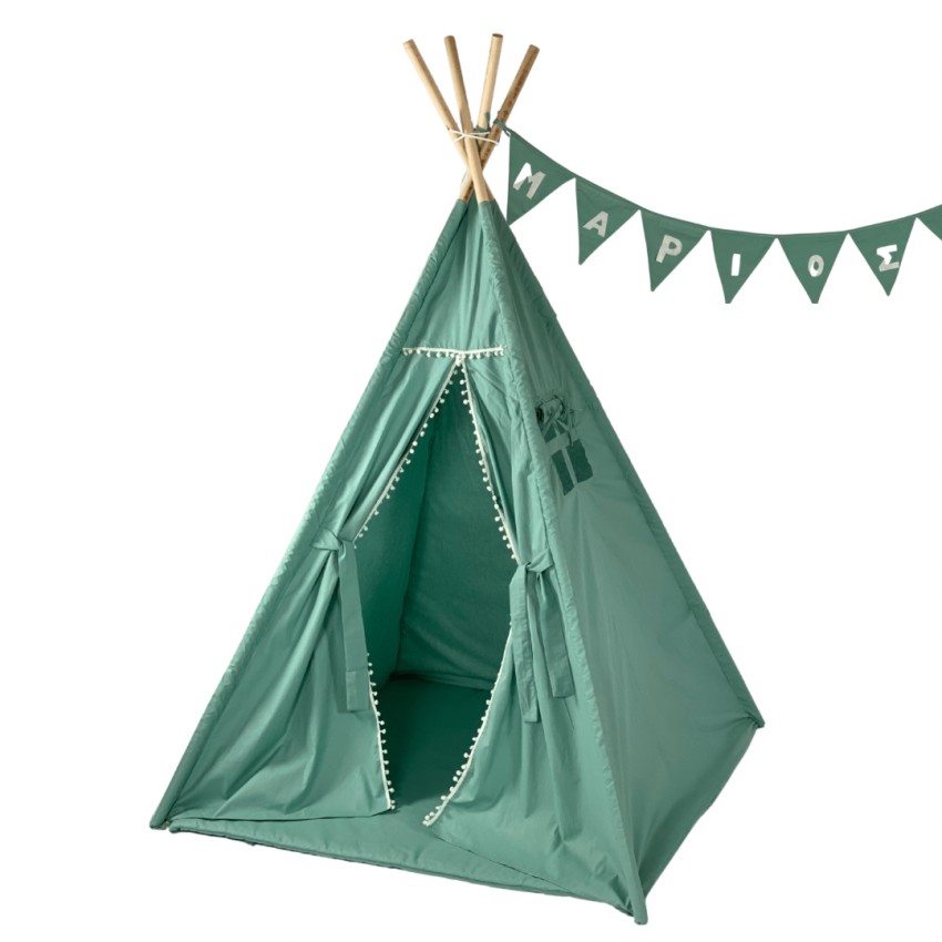 Παιδική Σκηνή - Teepee Tent Green glint.gr Παιδική Σκηνή Teepee Green με Γιρλάντα - Χειροποίητη - Βαμβακερή & Ευρύχωρη