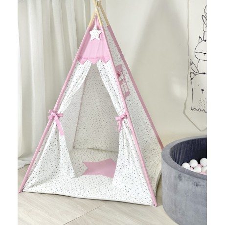 Παιδική Σκηνή Teepee Ροζ με Αστέρια – Χειροποίητη Βαμβακερή Σκηνή Παιχνιδιού