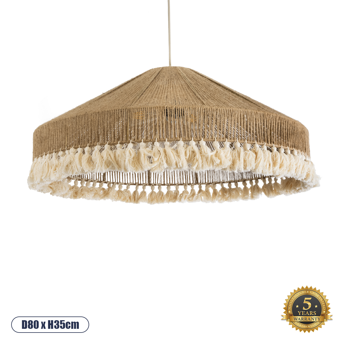 Puertorico Glint® Boho Κρεμαστό Φωτιστικό Οροφής Τριφωτο 3 X E27 Ac220-240V Ip20 - Φ80 X Υ35Cm - Μπεζ Με Λευκό Λεπτό Νήμα Πλέγμα Βαμβακερό Καπέλο