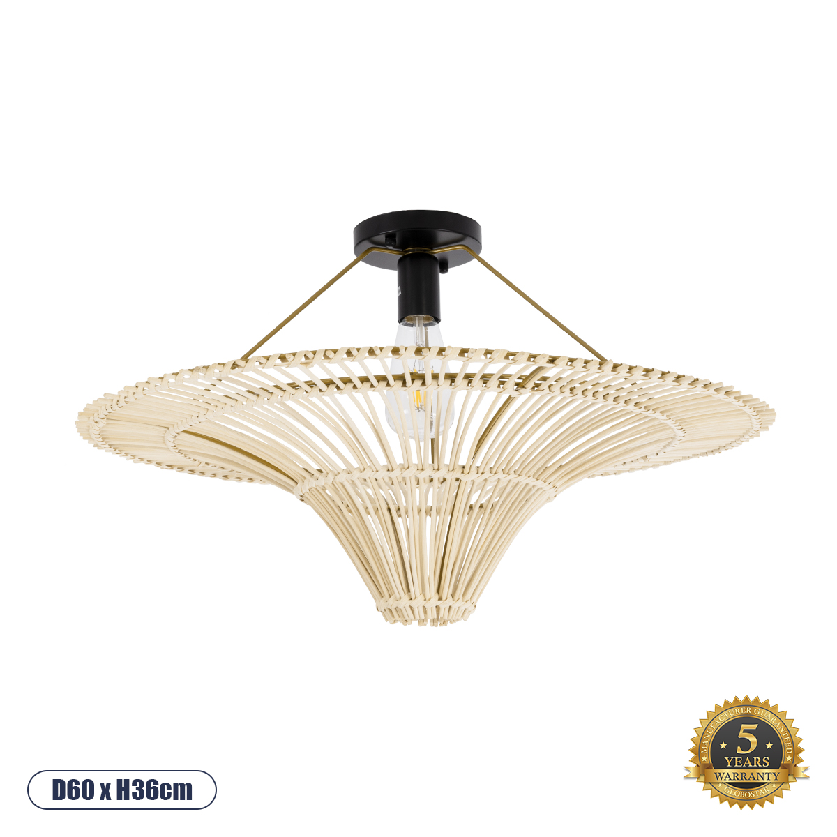 Palermo Glint® Boho Φωτιστικό Οροφής Μονόφωτο 1 X E27 Ac220-240V Ip20 - Φ60 X Υ36Cm - Μπεζ Ξύλινο Μπαμπού Πλέγμα