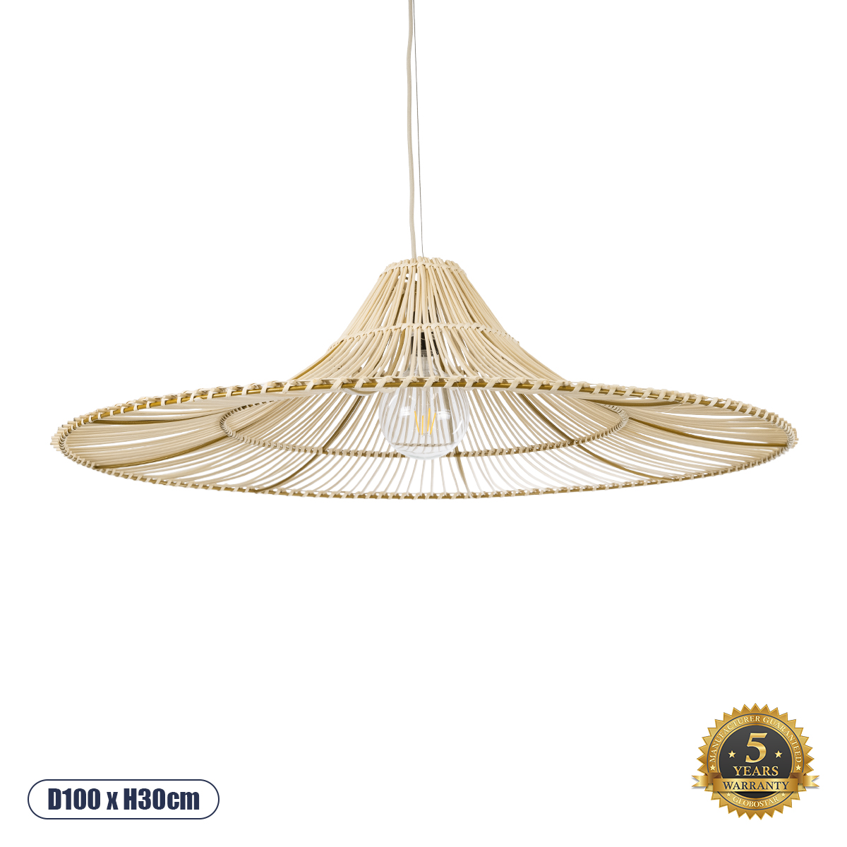 Palermo Glint® Boho Κρεμαστό Φωτιστικό Οροφής Μονόφωτο 1 X E27 Ac220-240V Ip20 - Φ100 X Υ30Cm - Μπεζ Ξύλινο Μπαμπού Πλέγμα