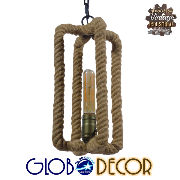 Eldora Glint® Vintage Industrial Κρεμαστό Φωτιστικό Οροφής Μονόφωτο 1 X E27 Μαύρο Μεταλλικό Με Μπεζ Σχοινί Φ13 X Y30Cm