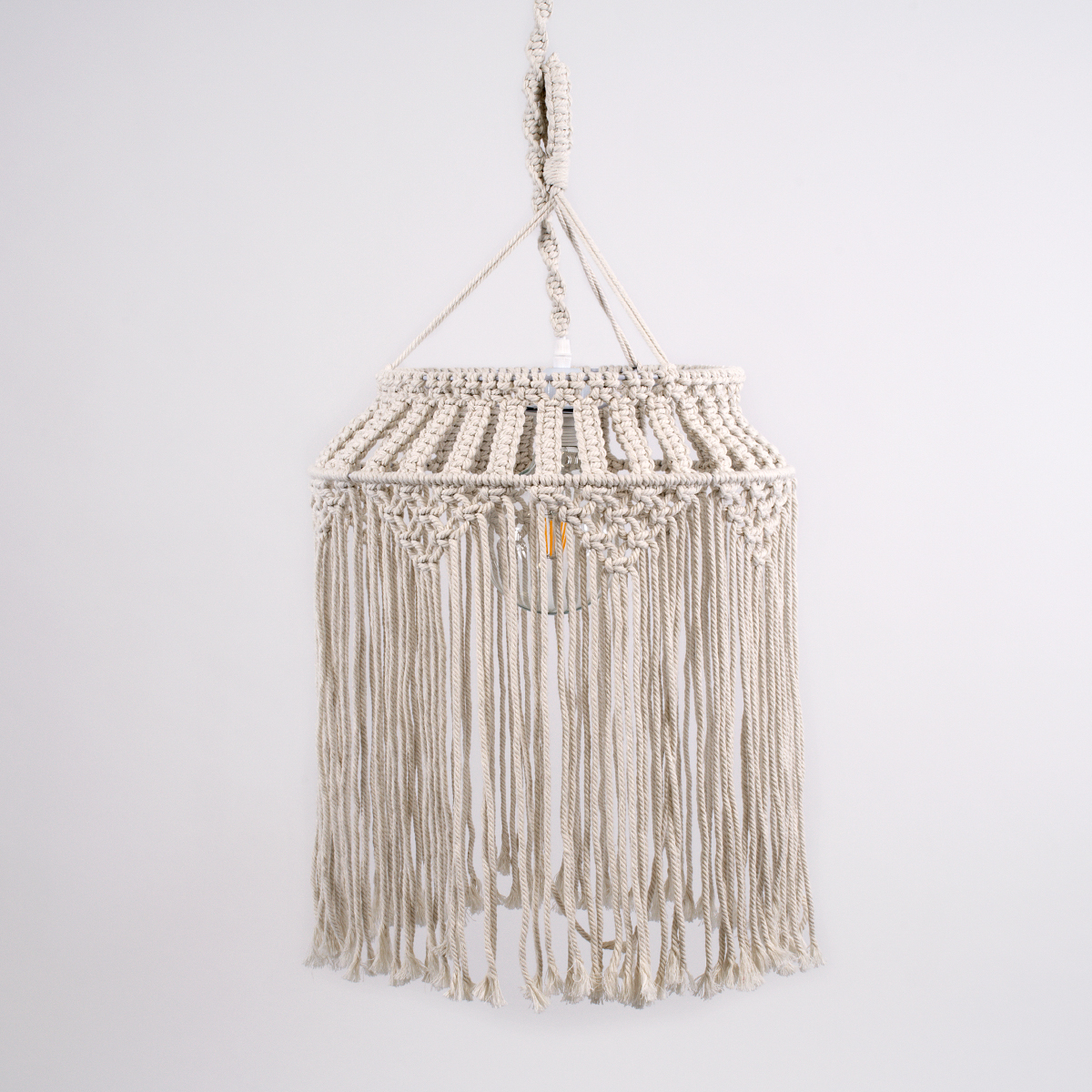 Algeria Glint® Boho - Μακραμέ - Macrame Κρεμαστό Φωτιστικό Οροφής Μονόφωτο 1 X E27 Πλεκτό Χειροποίητο Μπεζ Υφασμάτινο Με Σχοινί Φ40 X Υ50Cm