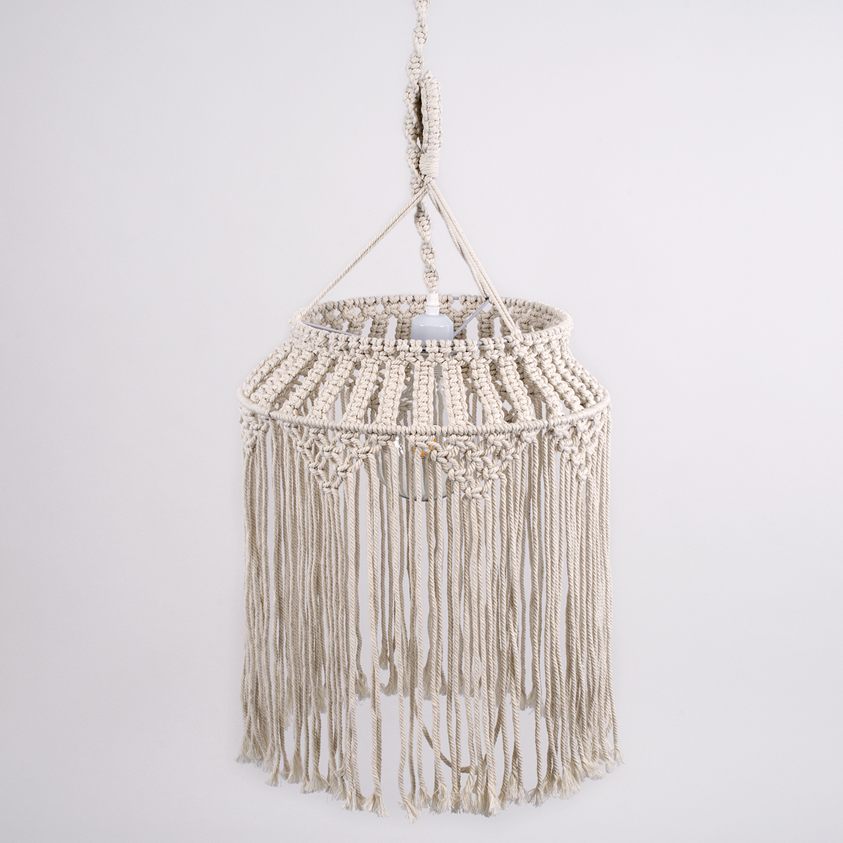 Algeria Glint® Boho - Μακραμέ - Macrame Κρεμαστό Φωτιστικό Οροφής Μονόφωτο 1 X E27 Πλεκτό Χειροποίητο Μπεζ Υφασμάτινο Με Σχοινί Φ40 X Υ50Cm