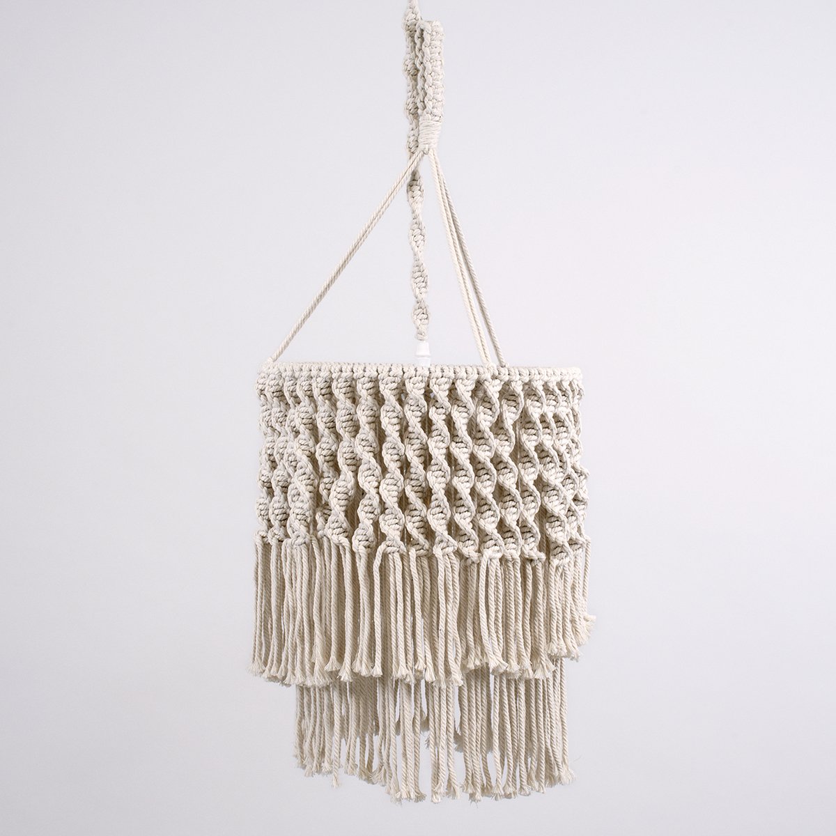 Algeria Glint® Boho - Μακραμέ - Macrame Κρεμαστό Φωτιστικό Οροφής Μονόφωτο 1 X E27 Πλεκτό Χειροποίητο Μπεζ Υφασμάτινο Με Σχοινί Φ30 X Υ40Cm