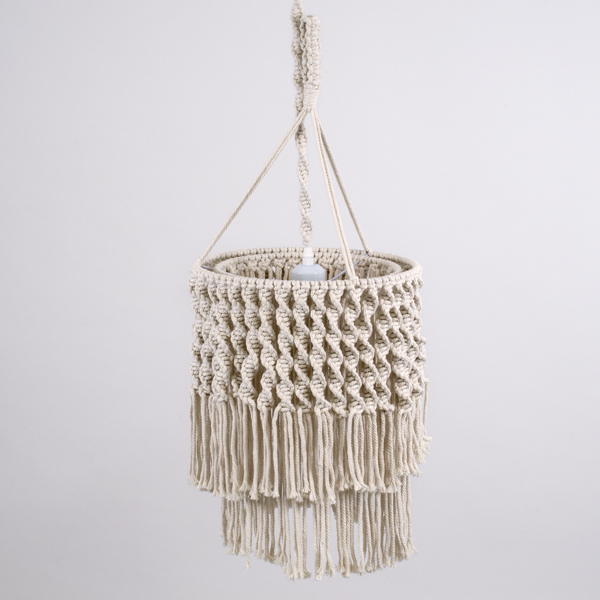 Algeria Glint® Boho - Μακραμέ - Macrame Κρεμαστό Φωτιστικό Οροφής Μονόφωτο 1 X E27 Πλεκτό Χειροποίητο Μπεζ Υφασμάτινο Με Σχοινί Φ30 X Υ40Cm