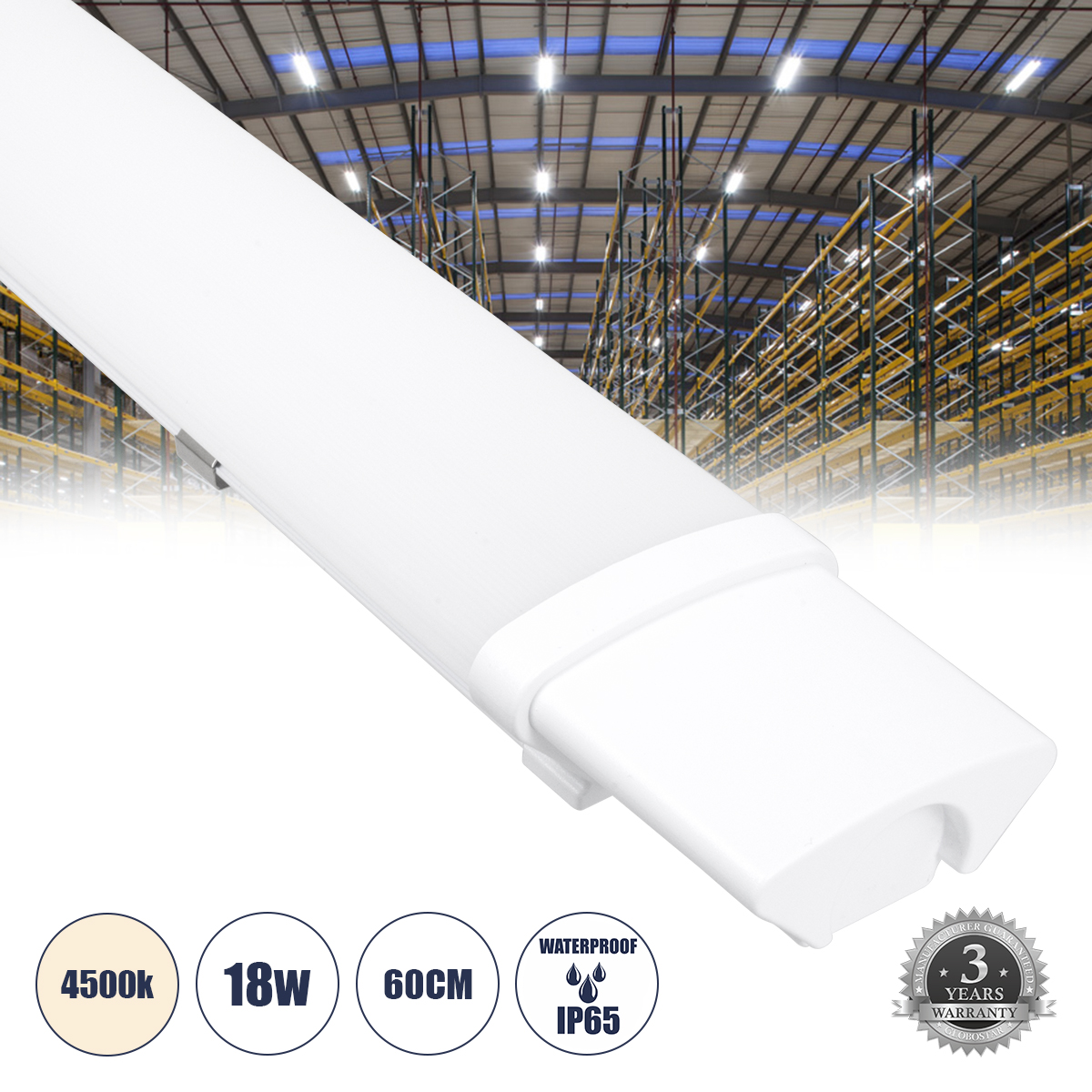 Glint® Led Γραμμικό Βιομηχανικό Φωτιστικό Tri-Proof 60Cm 18W 1971Lm 120° Ac 220-240V Αδιάβροχο Ip65 Μ60 X Π6 X Υ4Cm Φυσικό Λευκό 4500K