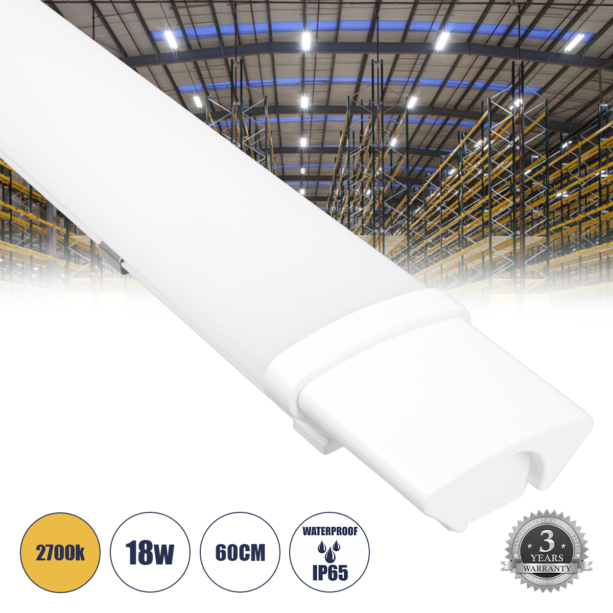 Glint® Led Γραμμικό Βιομηχανικό Φωτιστικό Tri-Proof 60Cm 18W 1936Lm 120° Ac 220-240V Αδιάβροχο Ip65 Μ60 X Π6 X Υ4Cm Θερμό Λευκό 2700K