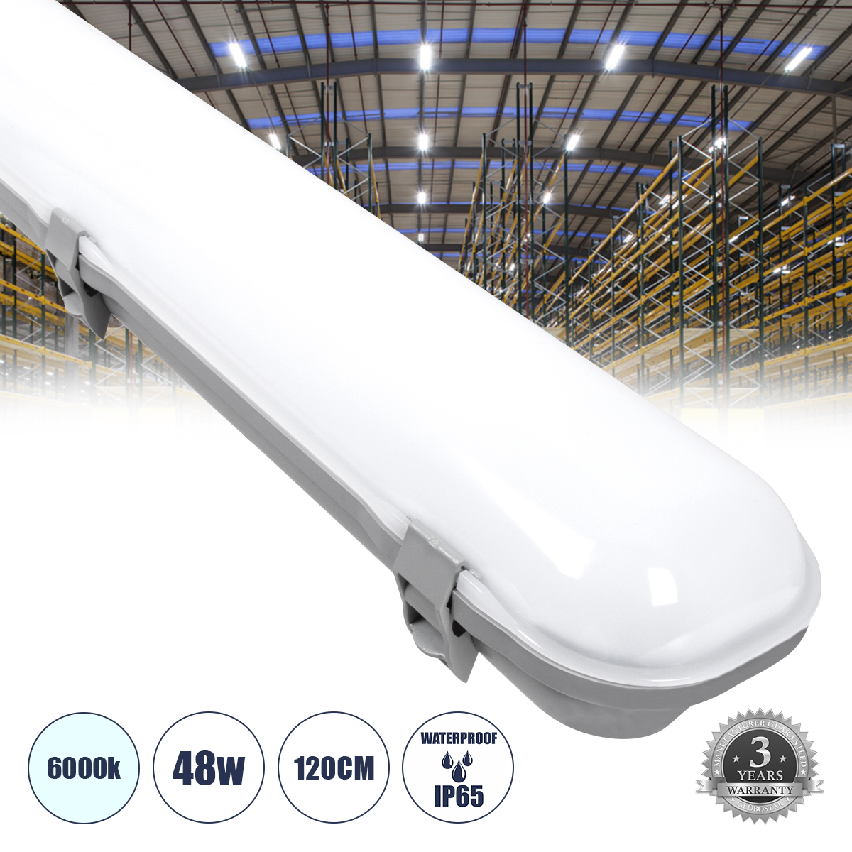 Glint® Led Γραμμικό Βιομηχανικό Φωτιστικό Tri-Proof 120Cm 48W 5617Lm 120° Ac 220-240V Αδιάβροχο Ip65 Μ120 X Π6 X Υ4Cm Ψυχρό Λευκό 6000K