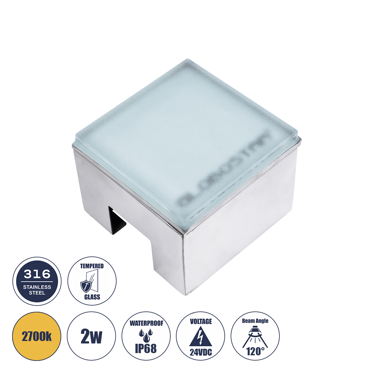 Cybolithos Glint® Χωνευτό Φωτιστικό Σποτ Δαπέδου Led 2W 260Lm 120° Dc 24V Αδιάβροχο Ip68 Ik06 Μ10 X Π10 X Υ8Cm 2700K Dimmable - Tempered Γαλακτερό Γυαλί & Ανοξείδωτο Ατσάλι - Bridgelux Chip