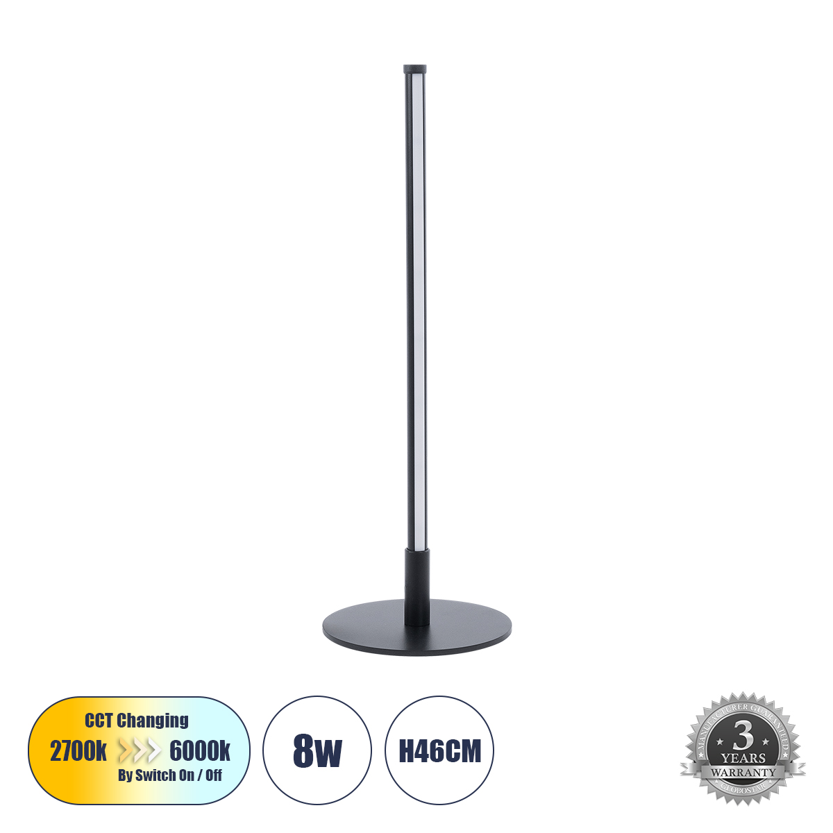 Daluma Glint® Επιτραπέζιο Φωτιστικό Led Cct 8W 880Lm 200° Ac 220-240V - Εναλλαγή Φωτισμού Μέσω On/Off All In One Ψυχρό 6000K+Φυσικό 4500K+Θερμό 2700K Μ15 X Π15 X Υ46Cm - Mαύρο