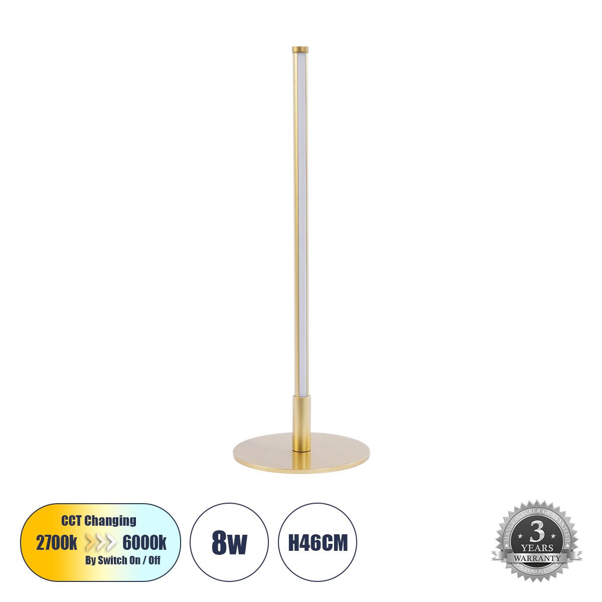 Daluma Glint® Επιτραπέζιο Φωτιστικό Led Cct 8W 880Lm 200° Ac 220-240V - Εναλλαγή Φωτισμού Μέσω On/Off All In One Ψυχρό 6000K+Φυσικό 4500K+Θερμό 2700K Μ15 X Π15 X Υ46Cm - Χρυσό