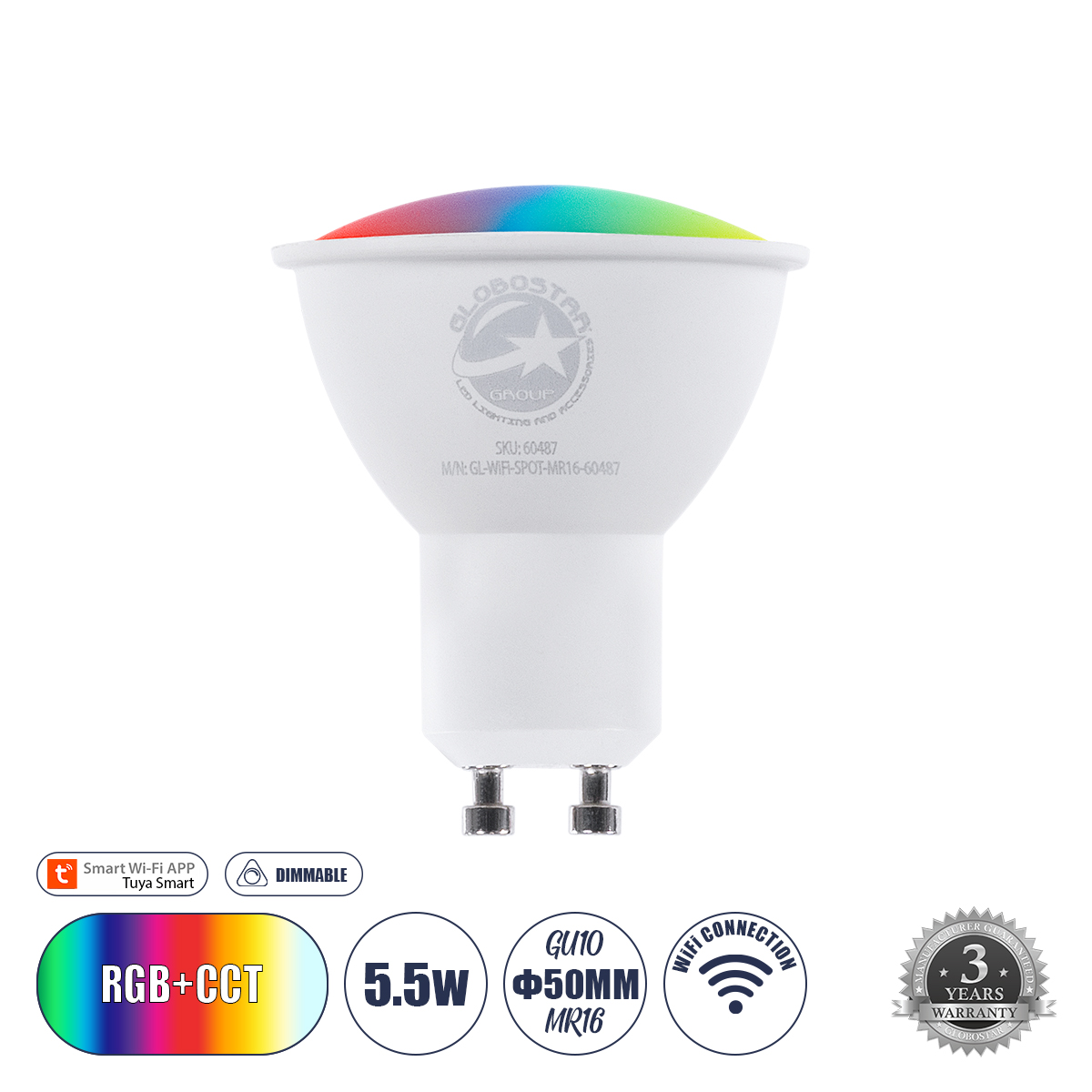 Glint® Έξυπνο Σποτ Led Gu10 Mr16 Smart Home Wifi  5.5W 550Lm 120° Ac 220-240V Ip20 Φ5 X Υ6.5Cm Rgb+Cct - Εναλλαγή Φωτισμού & Dimming Μέσω Εφαρμογής Tuya - Bridgelux Chip