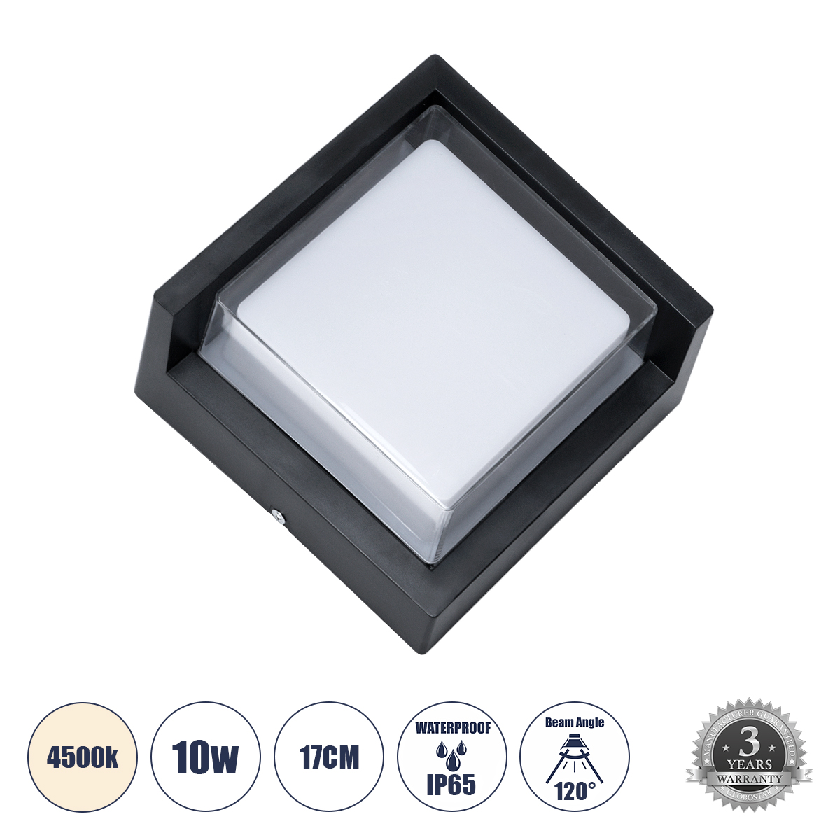 Globostar® Apex Glint® Φωτιστικό Τοίχου - Απλίκα Αρχιτεκτονικού Φωτισμού Εσωτερικού/Εξωτερικού Χώρου Up Or Down Led 10W 1050Lm 120° Ac175-265V Αδιάβροχο Ip65 - Πλαστικό Σώμα - Φυσικό Λευκό 4500K - Μ17 X Π17 X Υ9Cm - Μαύρο - Bridgelux Chip