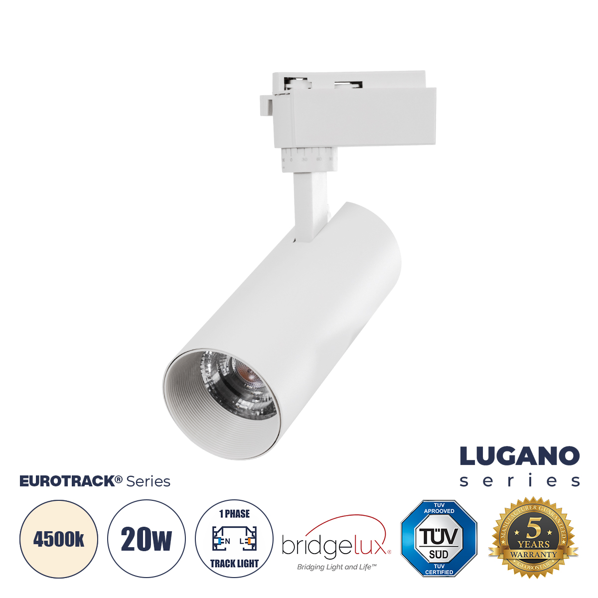 Lugano Glint® Μονοφασικό Φωτιστικό Σποτ Ράγας Led 20W 2500Lm 36° Acrylic Hq Lens Ac 220-240V Ip20 Φ6.5 X Υ22Cm Φυσικό Λευκό 4500K - Eurotrack® System 1L+1N - Λευκό - Bridgelux Chip - Tüv Certified Driver