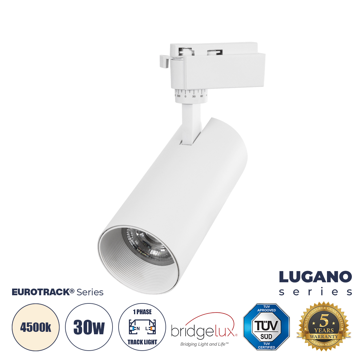 Lugano Glint® Μονοφασικό Φωτιστικό Σποτ Ράγας Led 30W 3750Lm 36° Acrylic Hq Lens Ac 220-240V Ip20 Φ7.5 X Υ22.7Cm Φυσικό Λευκό 4500K - Eurotrack® System 1L+1N - Λευκό - Bridgelux Chip - Tüv Certified Driver