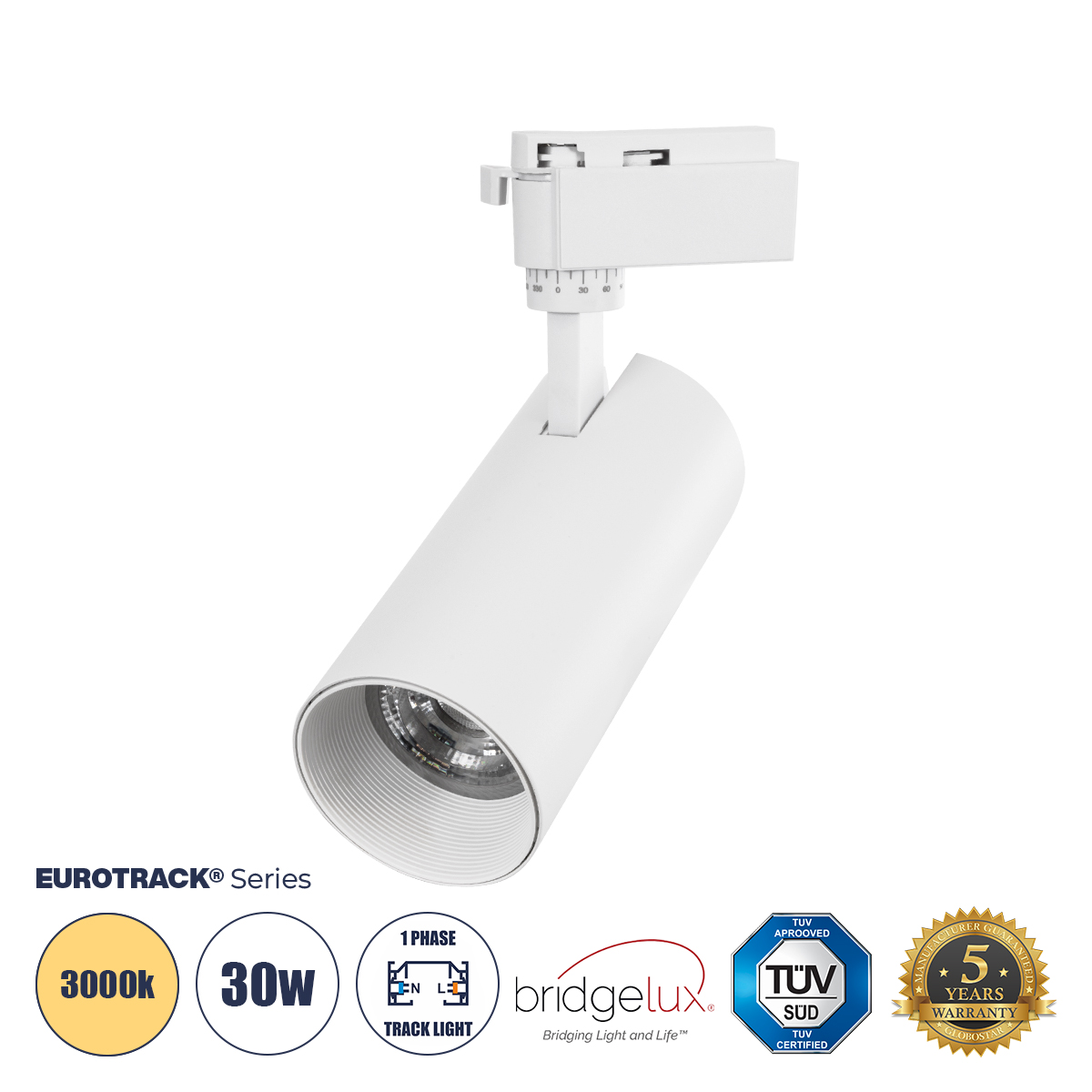 Globostar Glint® Μονοφασικό Bridgelux Cob Led Λευκό Φωτιστικό Σποτ Ράγας 30W 230V 3600Lm 30° Θερμό Λευκό 3000K