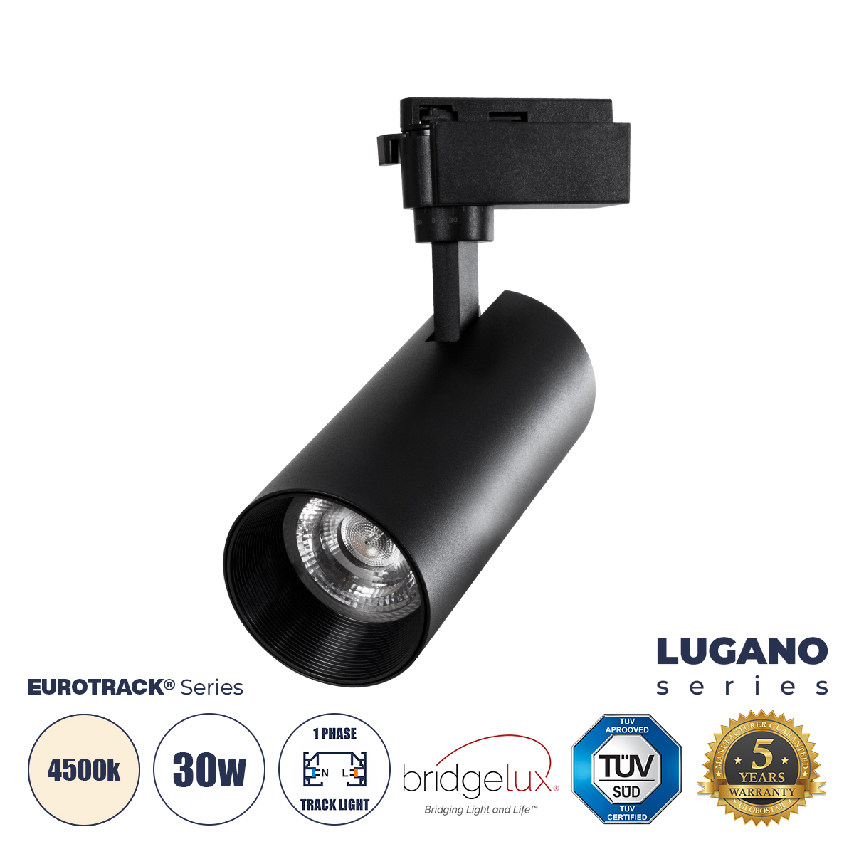 Lugano Glint® Μονοφασικό Φωτιστικό Σποτ Ράγας Led 30W 3750Lm 36° Acrylic Hq Lens Ac 220-240V Ip20 Φ7.5 X Υ22.7Cm Φυσικό Λευκό 4500K - Eurotrack® System 1L+1N - Μαύρο - Bridgelux Chip - Tüv Certified Driver