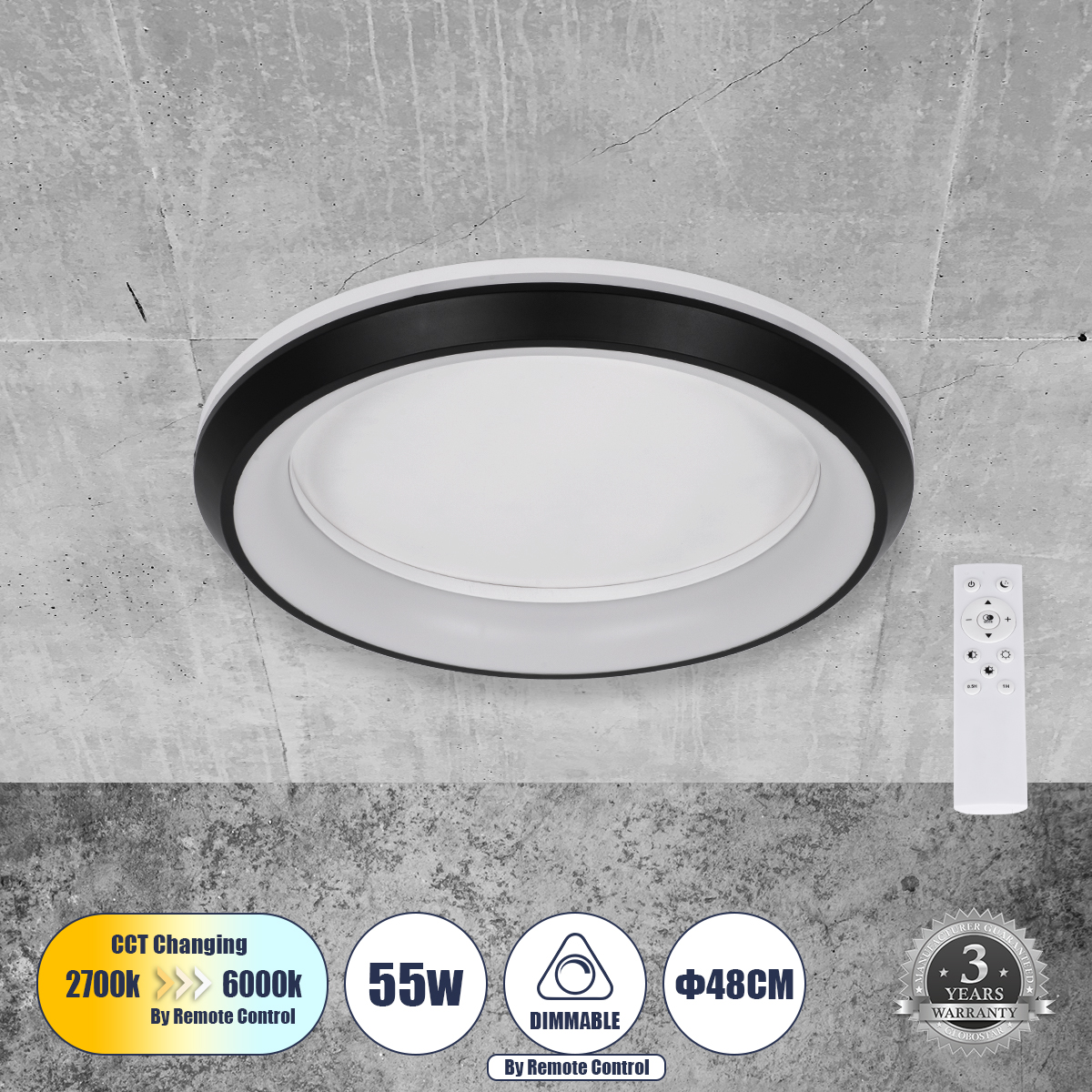 Melina Glint® Πλαφονιέρα Οροφής Κύκλος Led Cct 55W 6376Lm 120° Ac 220-240V - Εναλλαγή Φωτισμού Μέσω Τηλεχειριστηρίου All In One Ψυχρό Λευκό 6000K+Φυσικό Λευκό 4500K+Θερμό Λευκό 2700K Dimmable Φ48Cm - Μαύρο