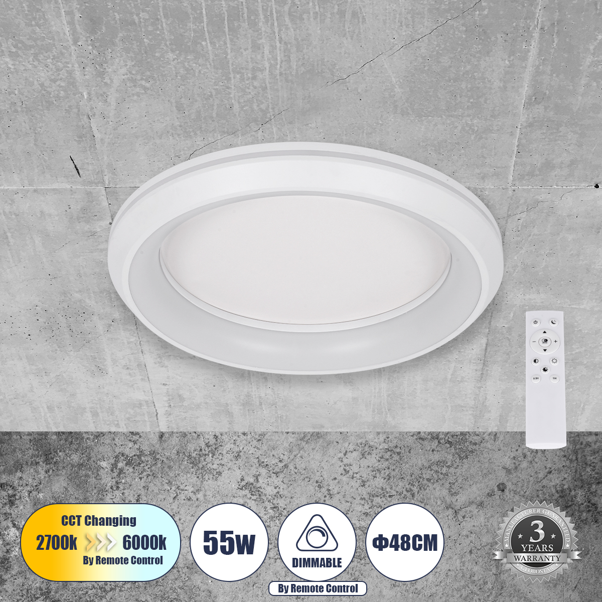 Melina Glint® Πλαφονιέρα Οροφής Κύκλος Led Cct 55W 6376Lm 120° Ac 220-240V - Εναλλαγή Φωτισμού Μέσω Τηλεχειριστηρίου All In One Ψυχρό Λευκό 6000K+Φυσικό Λευκό 4500K+Θερμό Λευκό 2700K Dimmable Φ48Cm - Λευκό