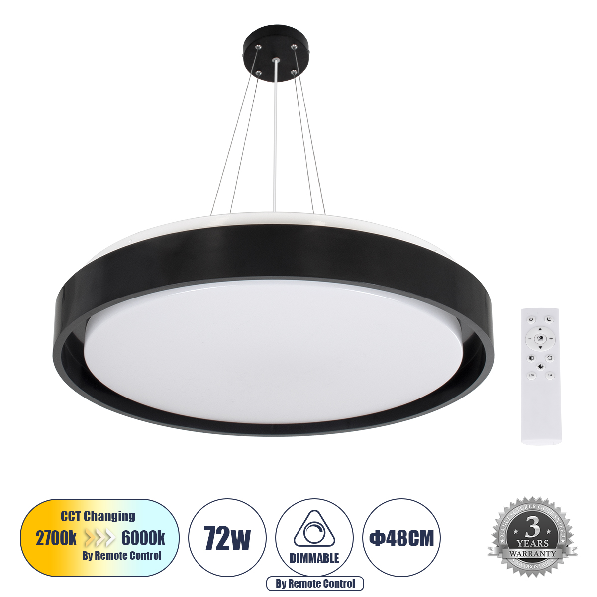 Barchetta Glint®-P Κρεμαστή Πλαφονιέρα Οροφής Led Cct 72W 8306Lm 120° Ac 220-240V - Εναλλαγή Φωτισμού Μέσω Τηλεχειριστηρίου All In One Ψυχρό 6000K+Φυσικό 4500K+Θερμό 2700K Dimmable Φ48Cm - Μαύρο