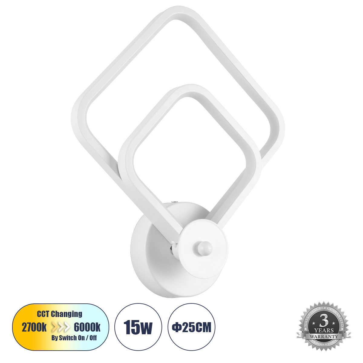 Anna Glint® Φωτιστικό Τοίχου - Απλίκα Design Led Cct 15W 1800Lm 300° Ac 220-240V - Εναλλαγή Φωτισμού Μέσω Διακόπτη On/Off All In One Ψυχρό 6000K+Φυσικό 4500K+Θερμό 2700K Μ25 X Π8 X Υ30Cm - Λευκό