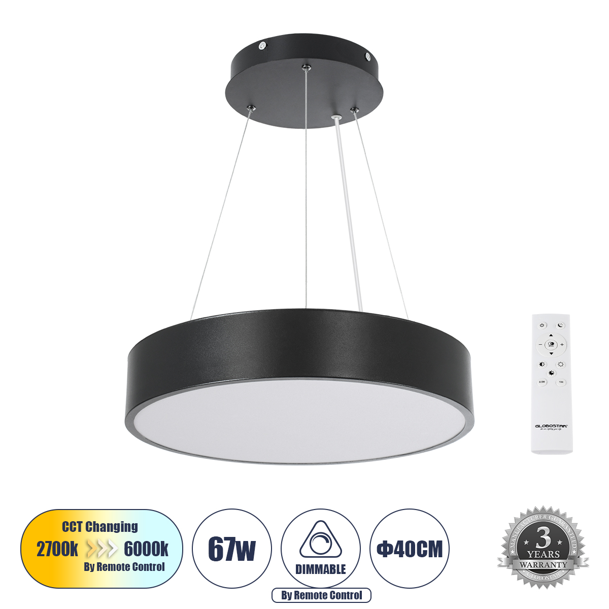 Burton Glint®-P Κρεμαστή Πλαφονιέρα Οροφής Led Cct 67W 7370Lm 120° Ac 220-240V - Εναλλαγή Φωτισμού Μέσω Τηλεχειριστηρίου All In One Ψυχρό 6000K+Φυσικό 4500K+Θερμό 2700K Dimmable Φ40Cm - Μαύρο