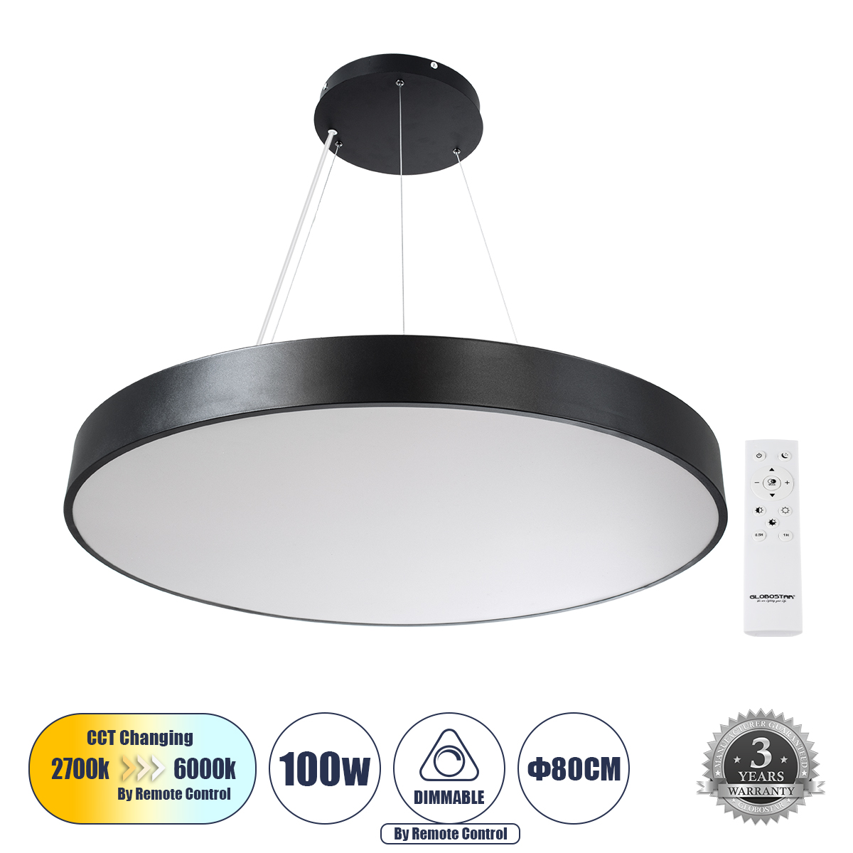 Burton Glint®-P Κρεμαστή Πλαφονιέρα Οροφής Led Cct 100W 11020Lm 120° Ac 220-240V - Εναλλαγή Φωτισμού Μέσω Τηλεχειριστηρίου All In One Ψυχρό 6000K+Φυσικό 4500K+Θερμό 2700K Dimmable Φ80Cm - Μαύρο