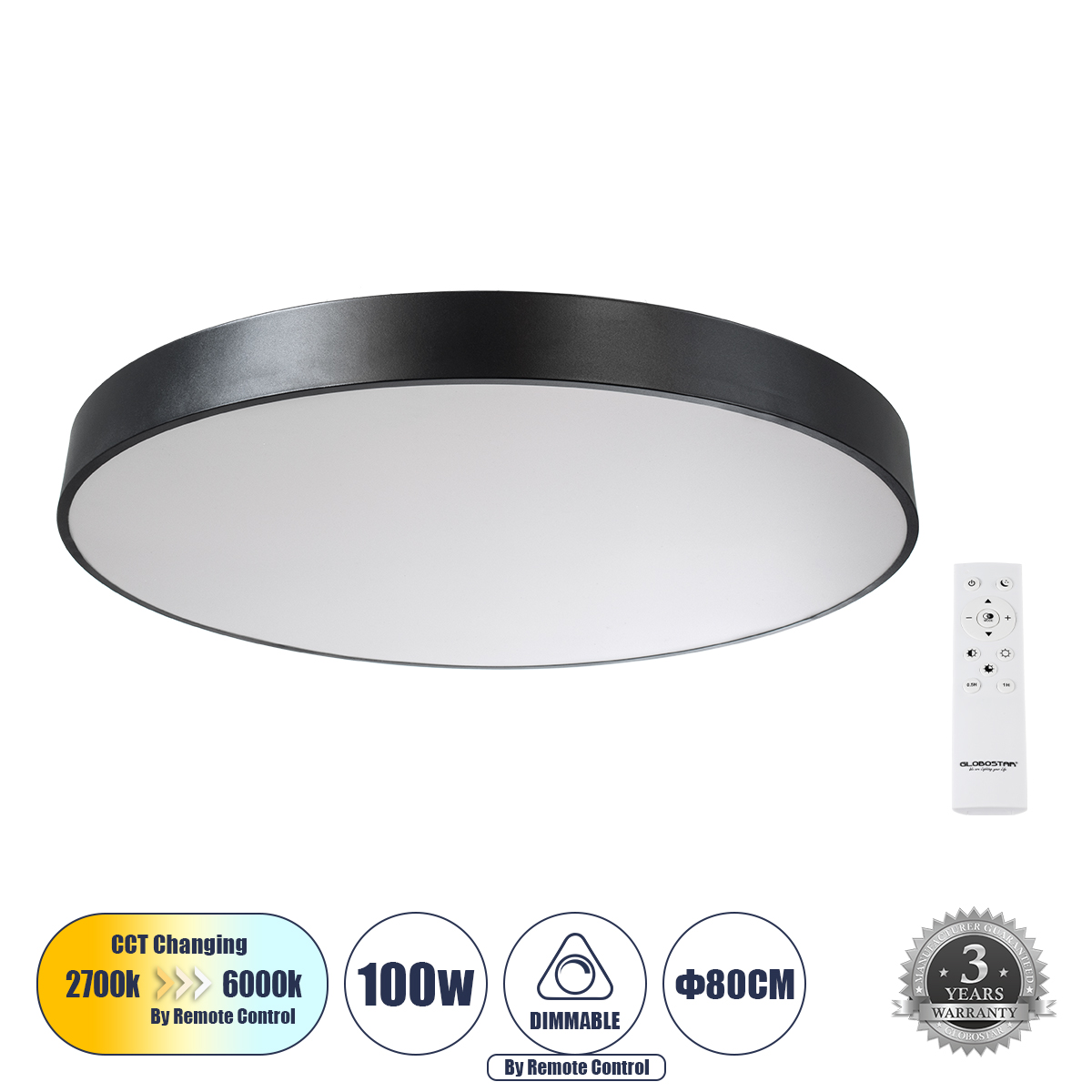 Burton 61204-S Πλαφονιέρα Οροφής Led Cct 100W 11020Lm 120° Ac 220-240V - Εναλλαγή Φωτισμού Μέσω Τηλεχειριστηρίου All In One Ψυχρό 6000K+Φυσικό 4500K+Θερμό 2700K Dimmable Φ80Cm - Μαύρο