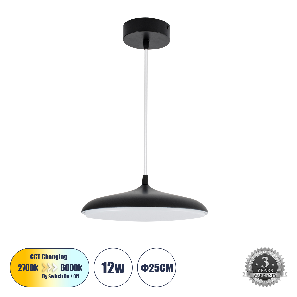 Baron Glint® Κρεμαστή Πλαφονιέρα Οροφής Led Cct 12W 1440Lm 120° Ac 220-240V - Εναλλαγή Φωτισμού Μέσω Διακόπτη On/Off All In One Ψυχρό 6000K+Φυσικό 4500K+Θερμό 2700K Φ25 X Υ8Cm - Μαύρο